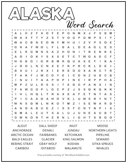 Alaska Printable Word Search Puzzle