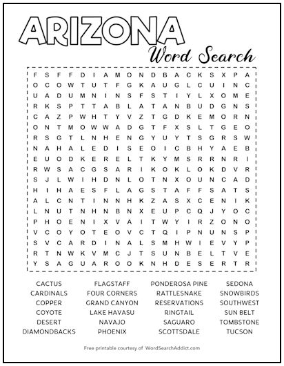 Arizona Printable Word Search Puzzle