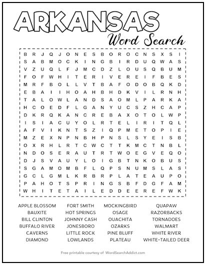 Arkansas Printable Word Search Puzzle