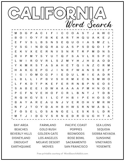 California Printable Word Search Puzzle