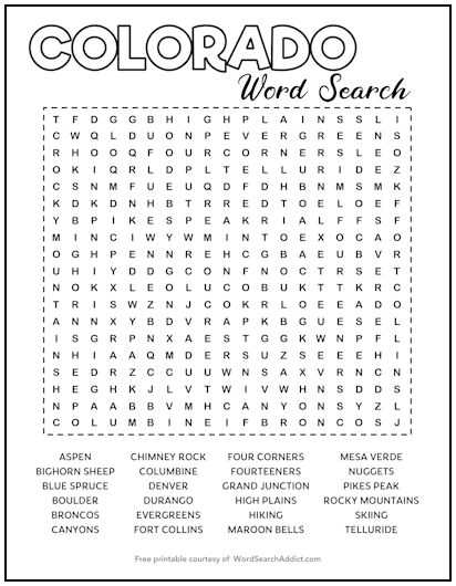 Colorado Printable Word Search Puzzle