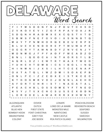 Delaware Printable Word Search Puzzle