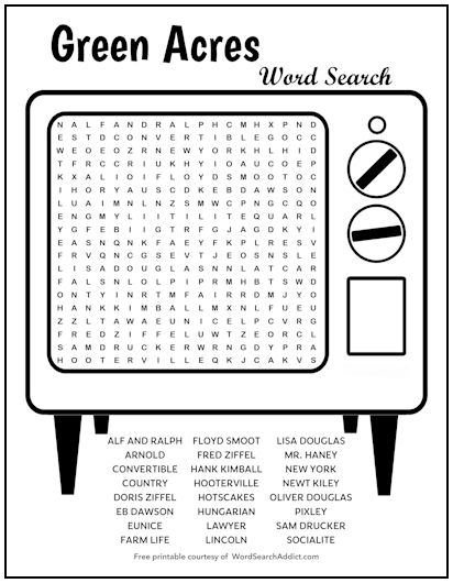 Green Acres Printable Word Search Puzzle