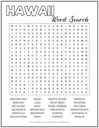 Hawaii Printable Word Search Puzzle