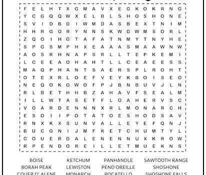Idaho Printable Word Search Puzzle