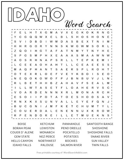 Idaho Printable Word Search Puzzle