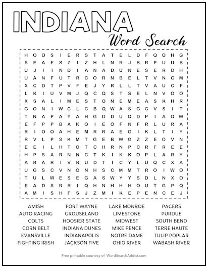 Indiana Printable Word Search Puzzle