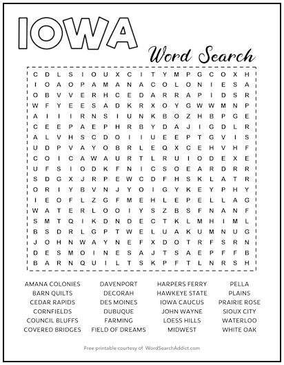 Iowa Printable Word Search Puzzle