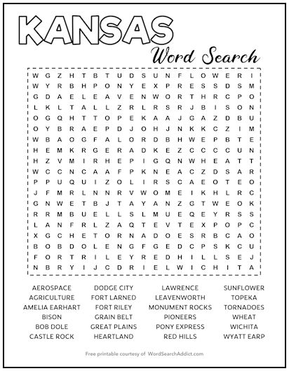 Kansas Printable Word Search Puzzle