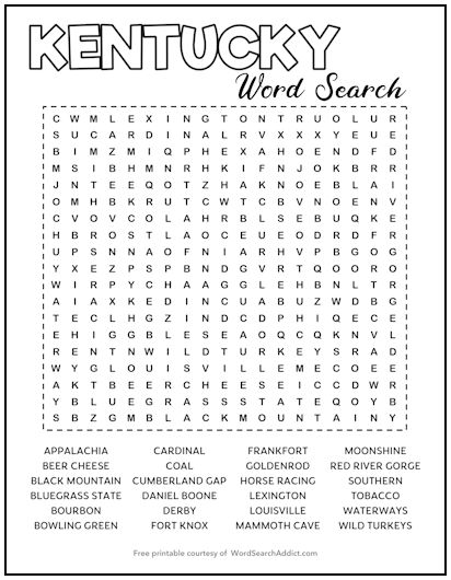 Kentucky Printable Word Search Puzzle
