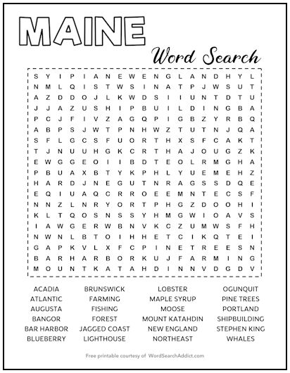 Maine Printable Word Search Puzzle