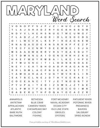 Maryland Printable Word Search Puzzle