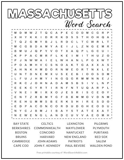 Massachusetts Printable Word Search Puzzle