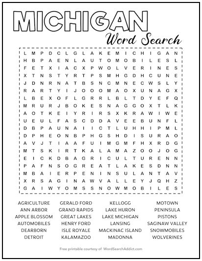 Michigan Printable Word Search Puzzle