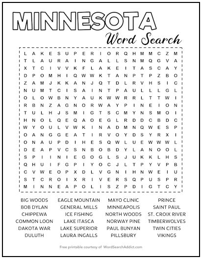 Minnesota Printable Word Search Puzzle