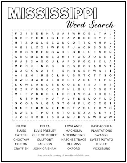 Mississippi Printable Word Search Puzzle
