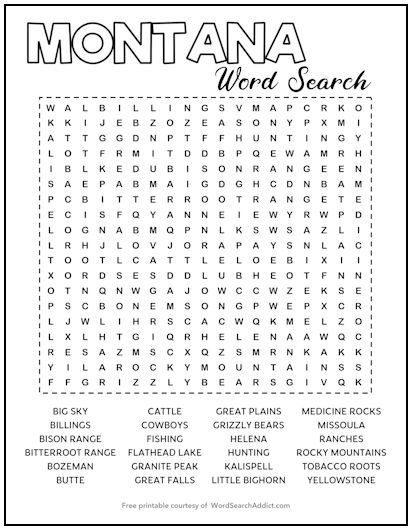 Montana Printable Word Search Puzzle