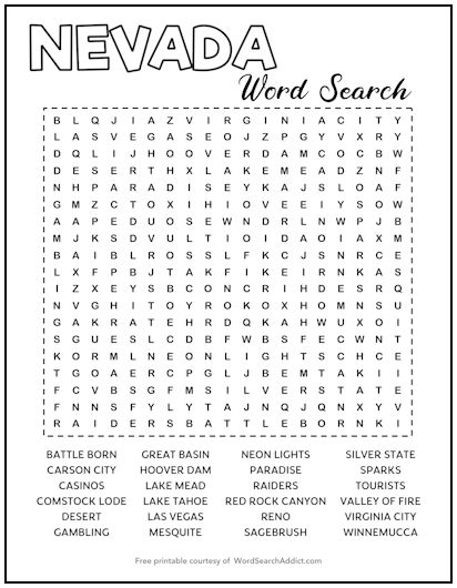 Nevada Printable Word Search Puzzle