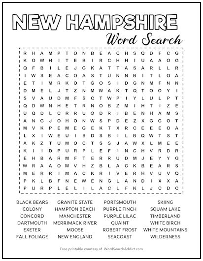 New Hampshire Printable Word Search Puzzle