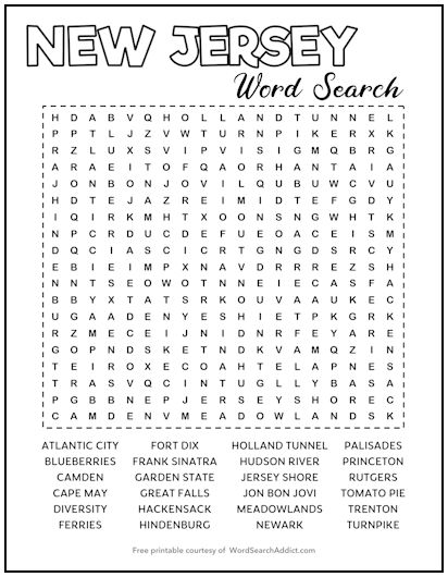 New Jersey Printable Word Search Puzzle