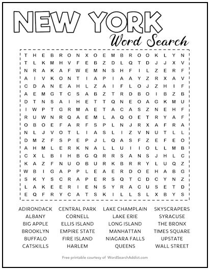 New York Printable Word Search Puzzle