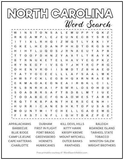 North Carolina Printable Word Search Puzzle