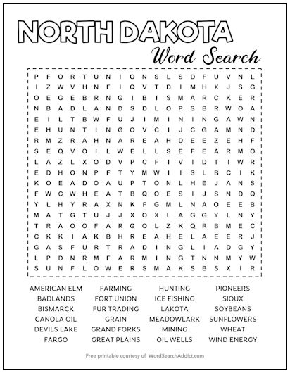 North Dakota Printable Word Search Puzzle