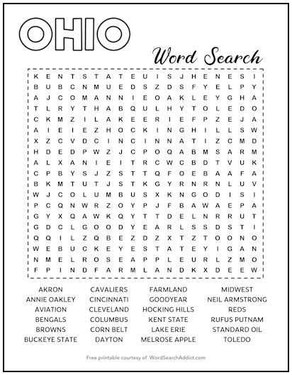 Ohio Printable Word Search Puzzle