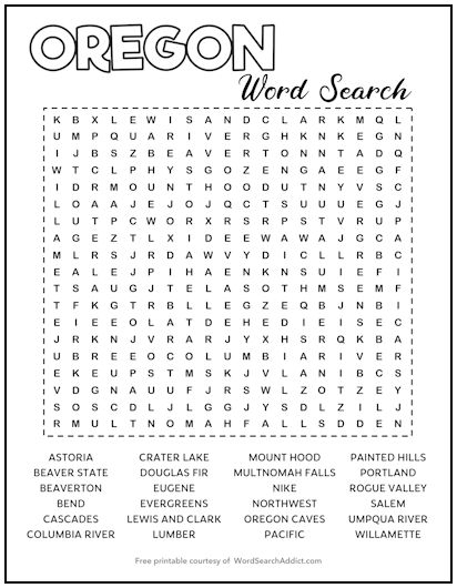 Oregon Printable Word Search Puzzle