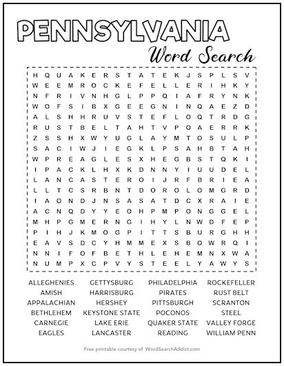 Pennsylvania Printable Word Search Puzzle