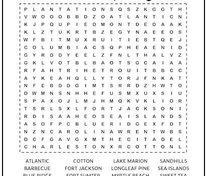 South Carolina Printable Word Search Puzzle