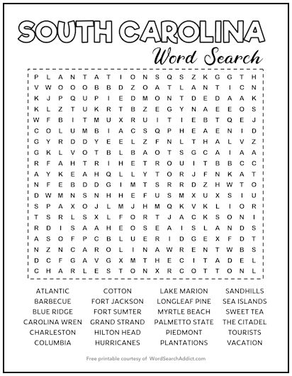 South Carolina Printable Word Search Puzzle