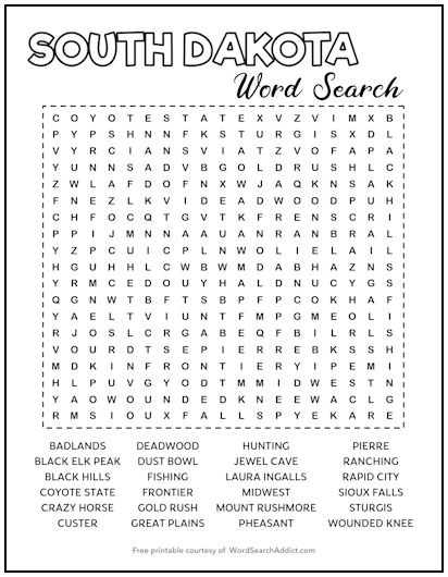 South Dakota Printable Word Search Puzzle