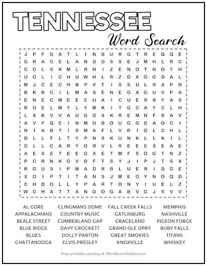Tennessee Printable Word Search Puzzle