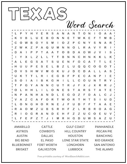 Texas Printable Word Search Puzzle