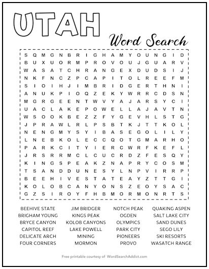 Utah Printable Word Search Puzzle