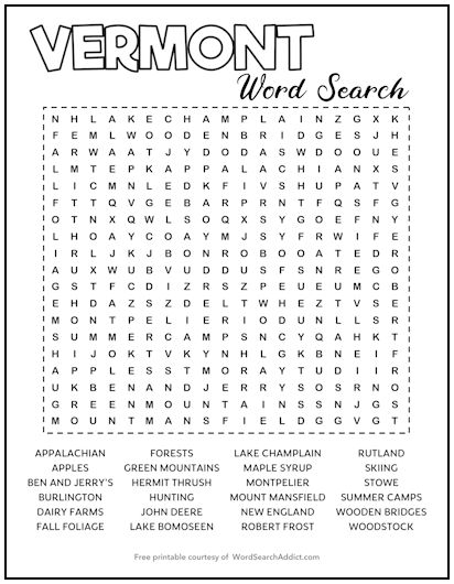 Vermont Printable Word Search Puzzle