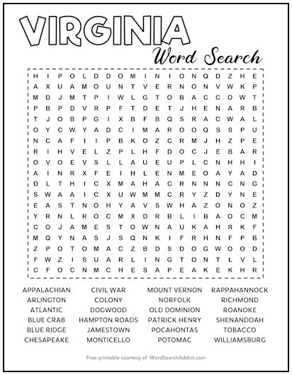 Virginia Printable Word Search Puzzle