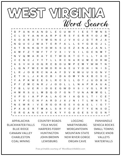 West Virginia Printable Word Search Puzzle
