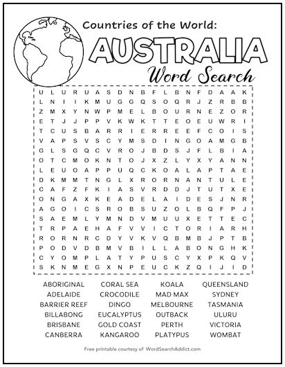 Australia Printable Word Search Puzzle