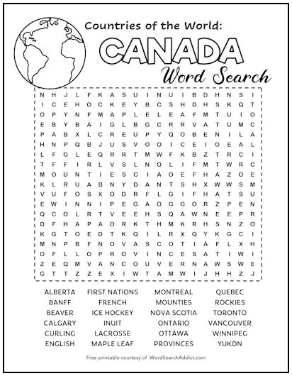 Canada Printable Word Search Puzzle