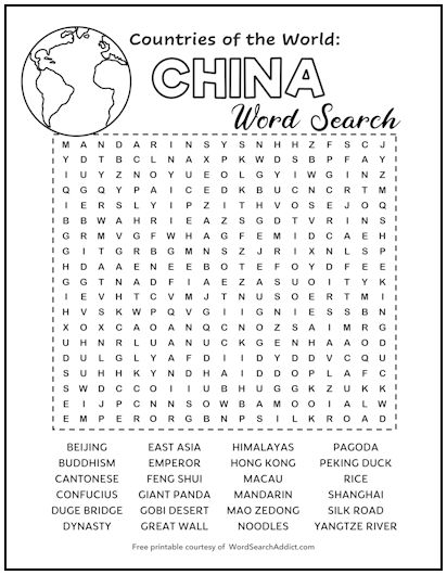 China Printable Word Search Puzzle