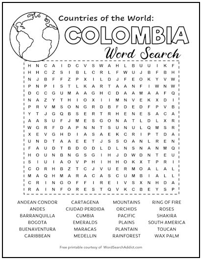 Colombia Printable Word Search Puzzle