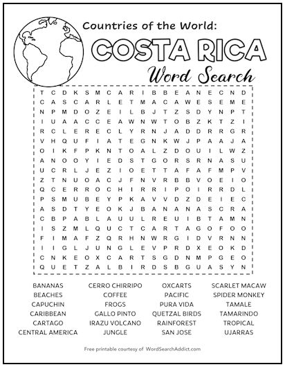 Costa Rica Printable Word Search Puzzle