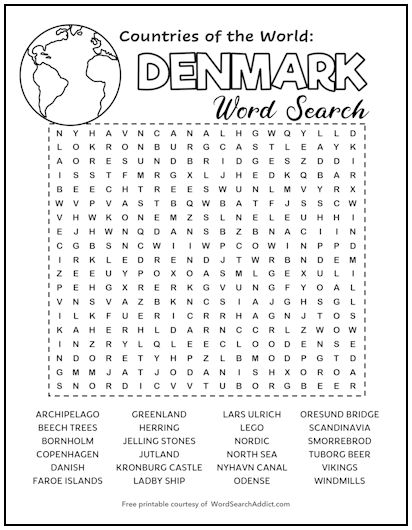 Denmark Printable Word Search Puzzle