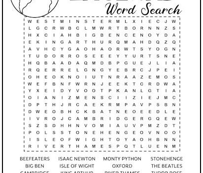 England Printable Word Search Puzzle