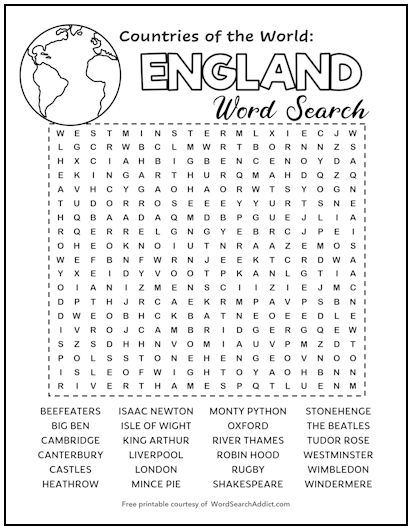 England Printable Word Search Puzzle