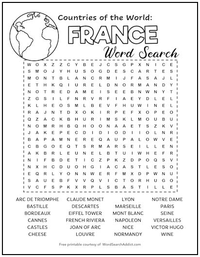France Printable Word Search Puzzle
