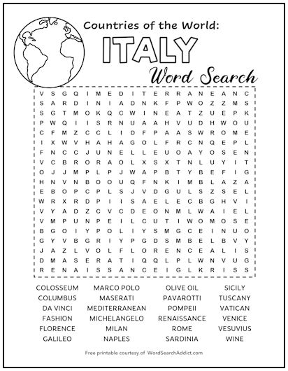 Italy Printable Word Search Puzzle