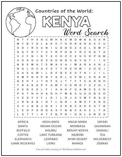 Kenya Printable Word Search Puzzle
